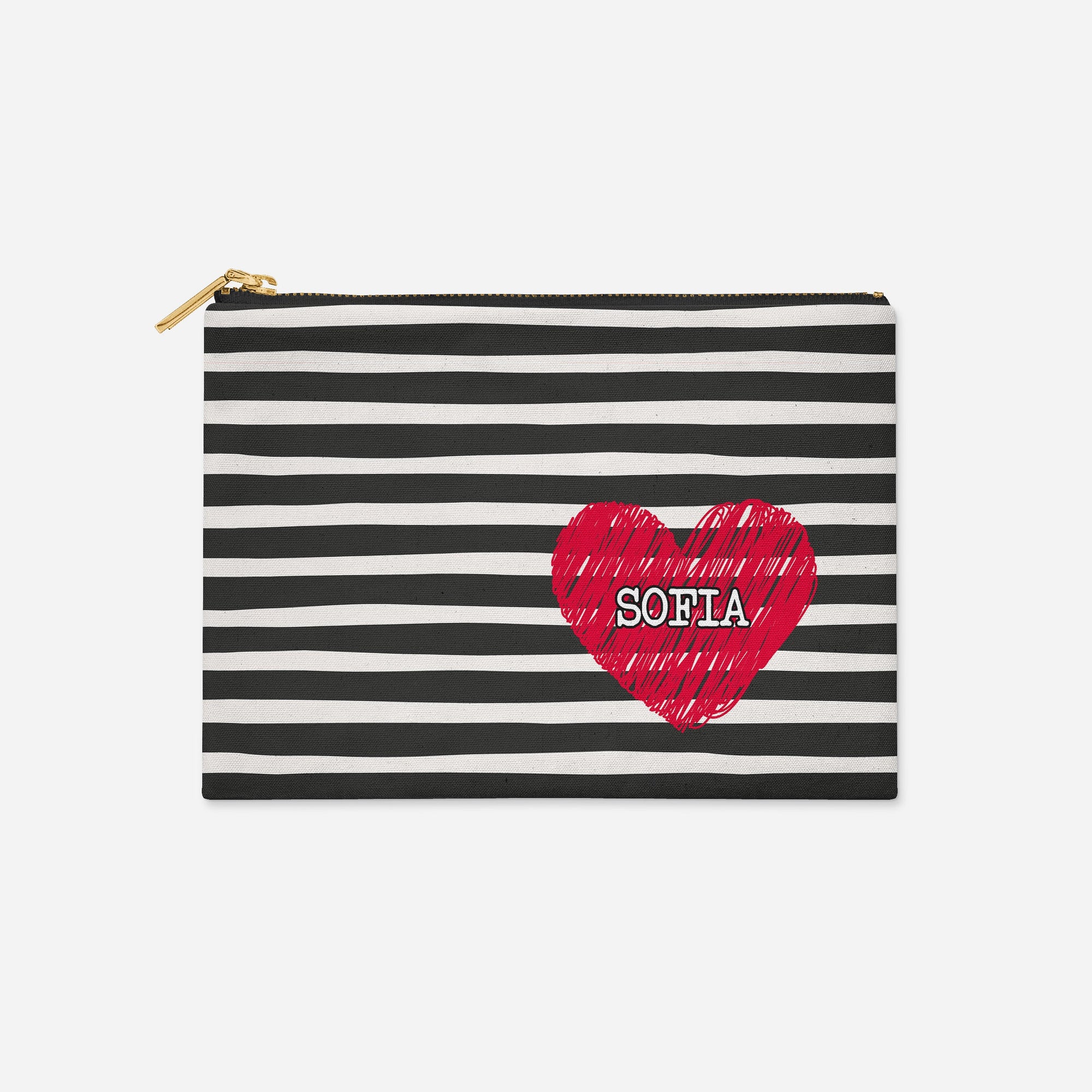 PERSONALIZED ACCESSORY BAG FLAT – SCRIBBLE HEART BLACK AND RED