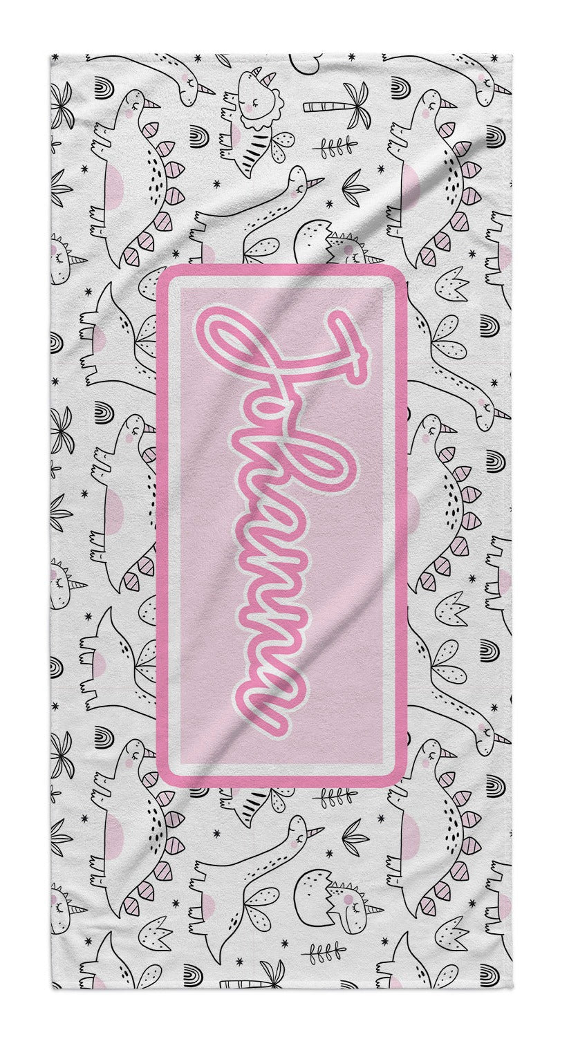 UNICORN DINOSAURS-WHITE PERSONALIZED TOWEL