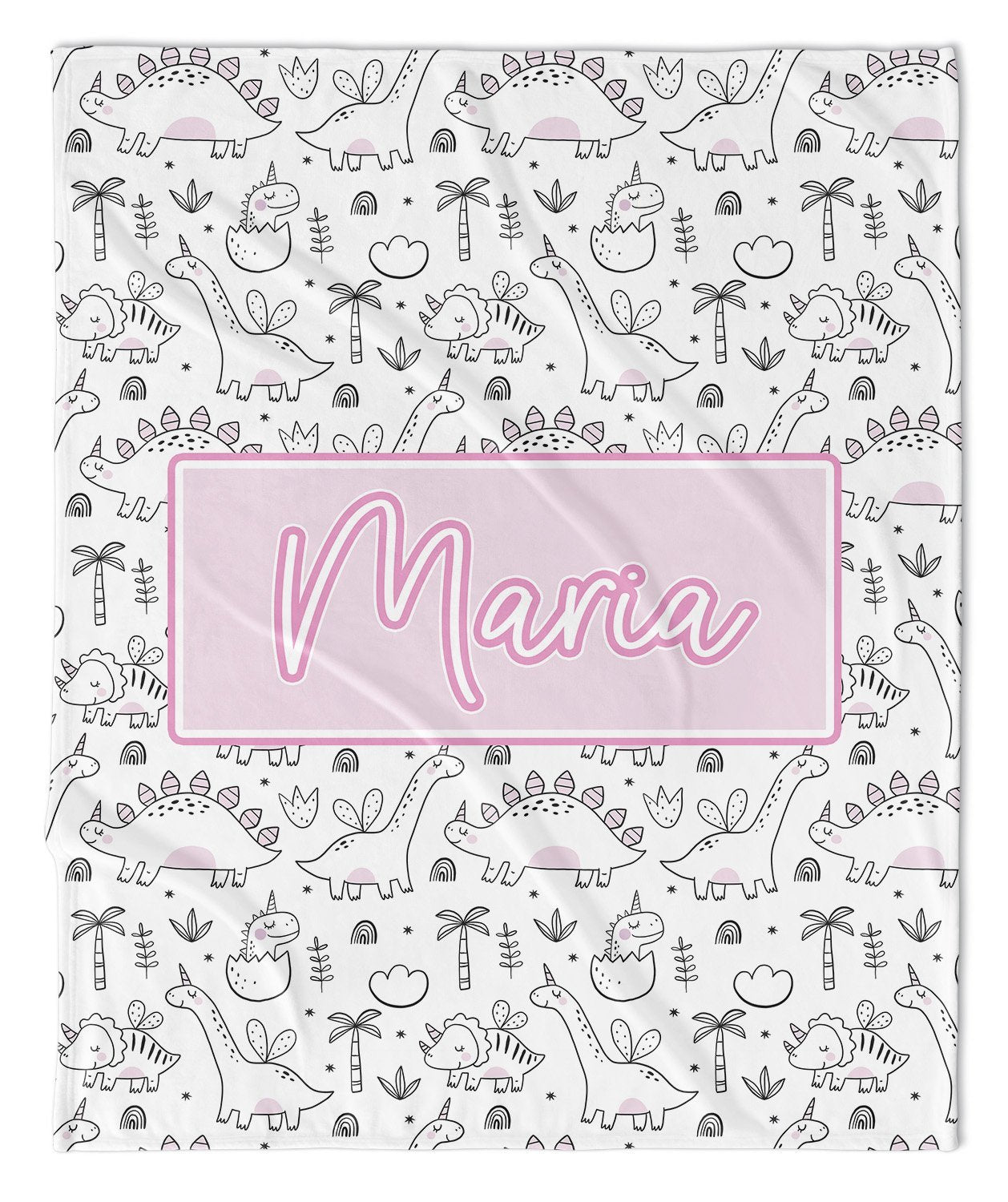 UNICORN DINOSAURS - WHITE MODERN PERSONALIZED NAME BLANKET